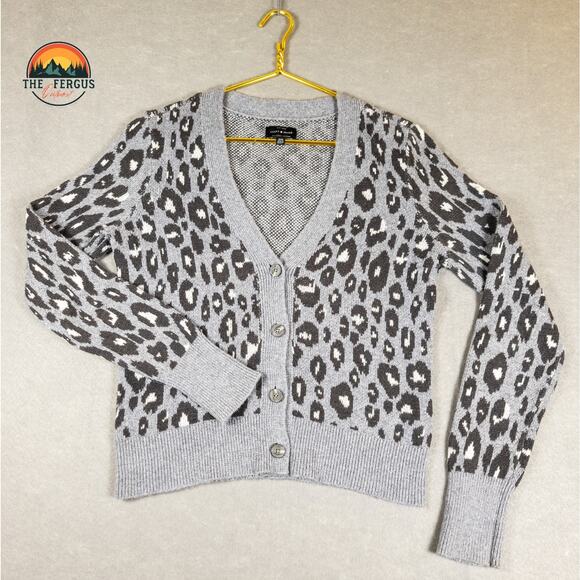 Lucky Brand Sweater Cardigan Long Sleeve Grey Leopar Dalmatian Print Women Sz M - Picture 1 of 9